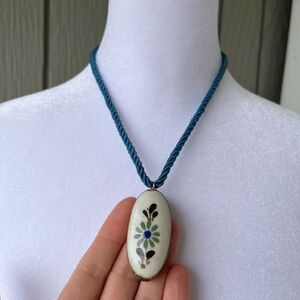 Vintage Hand-Painted Ceramic Floral Pendant Necklace on Blue Cord 60s/70s
